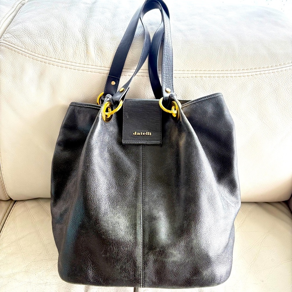 BORSE DATELLI BLACK PEBBLED LEATHER JUMBO SHOULDER BAG MAGNETIC CLOSURE